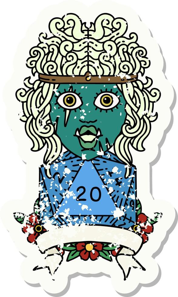 half orc barbarian character with natural 20 dice roll illustration vector