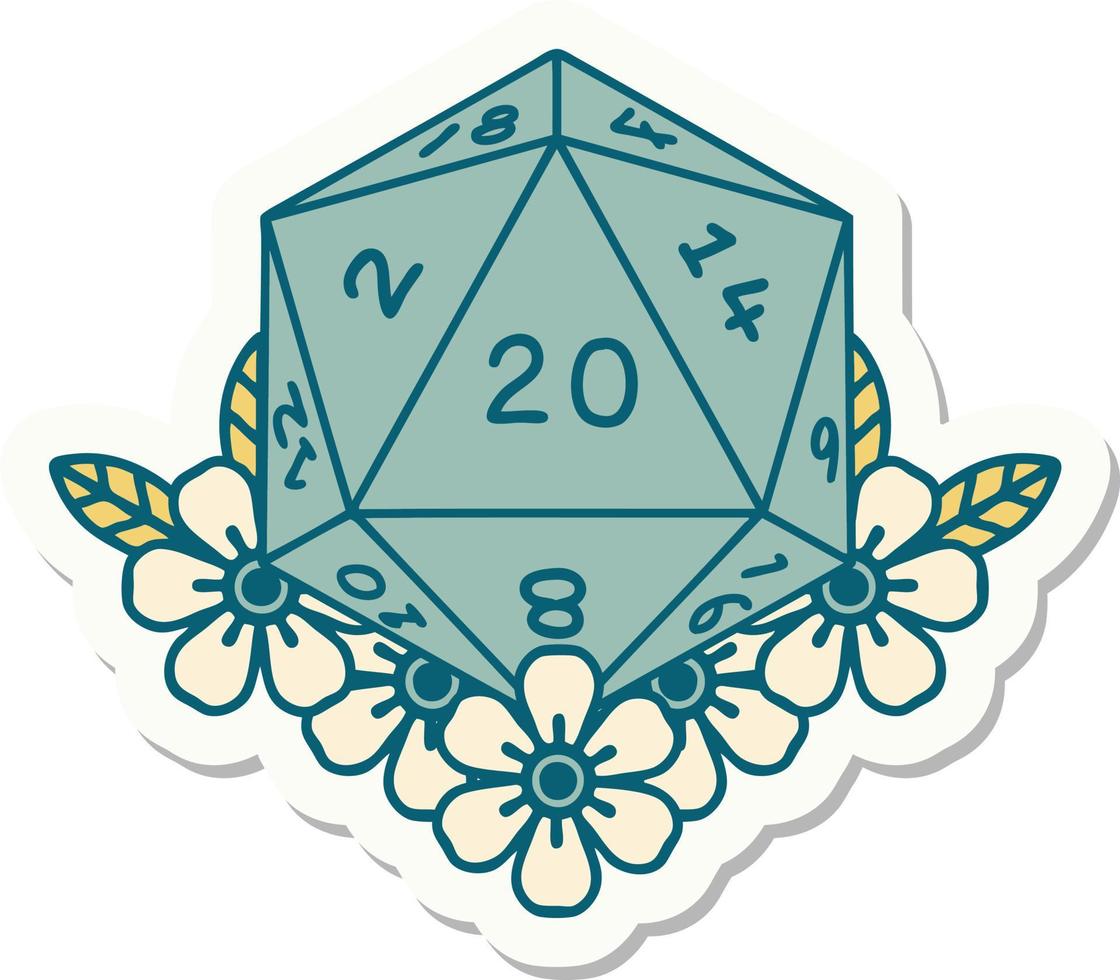 natural 20 D20 dice roll with floral elements sticker vector