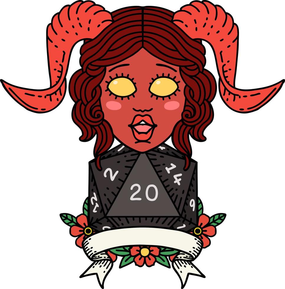 happy tiefling with natural 20 illustration vector