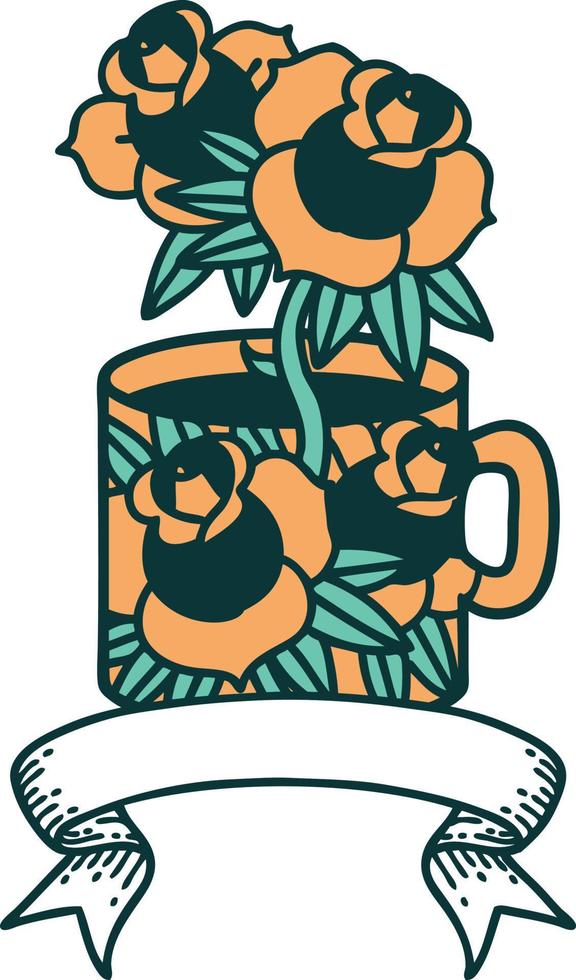 tattoo with banner of a cup and flowers vector