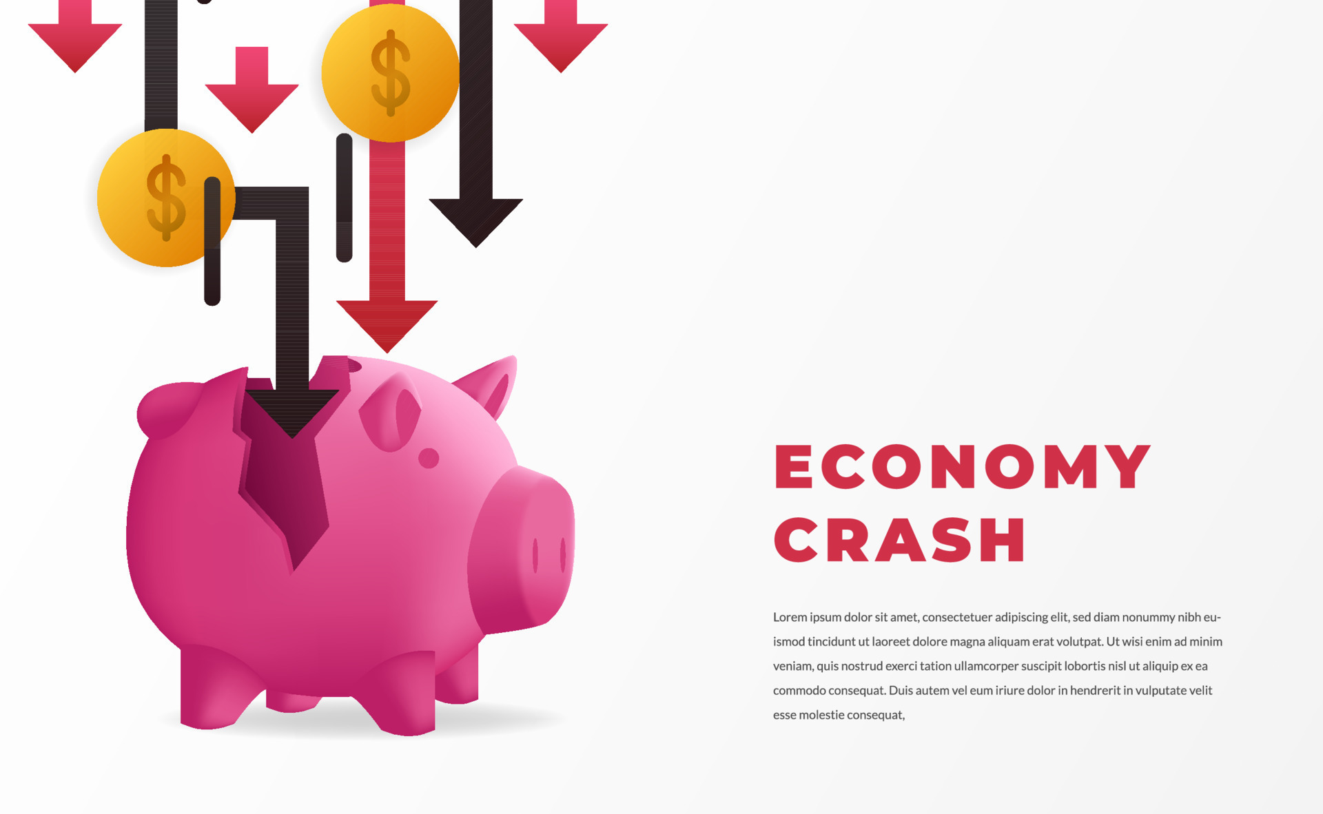 Economy Crash concept with fall arrow and money with piggy bank for