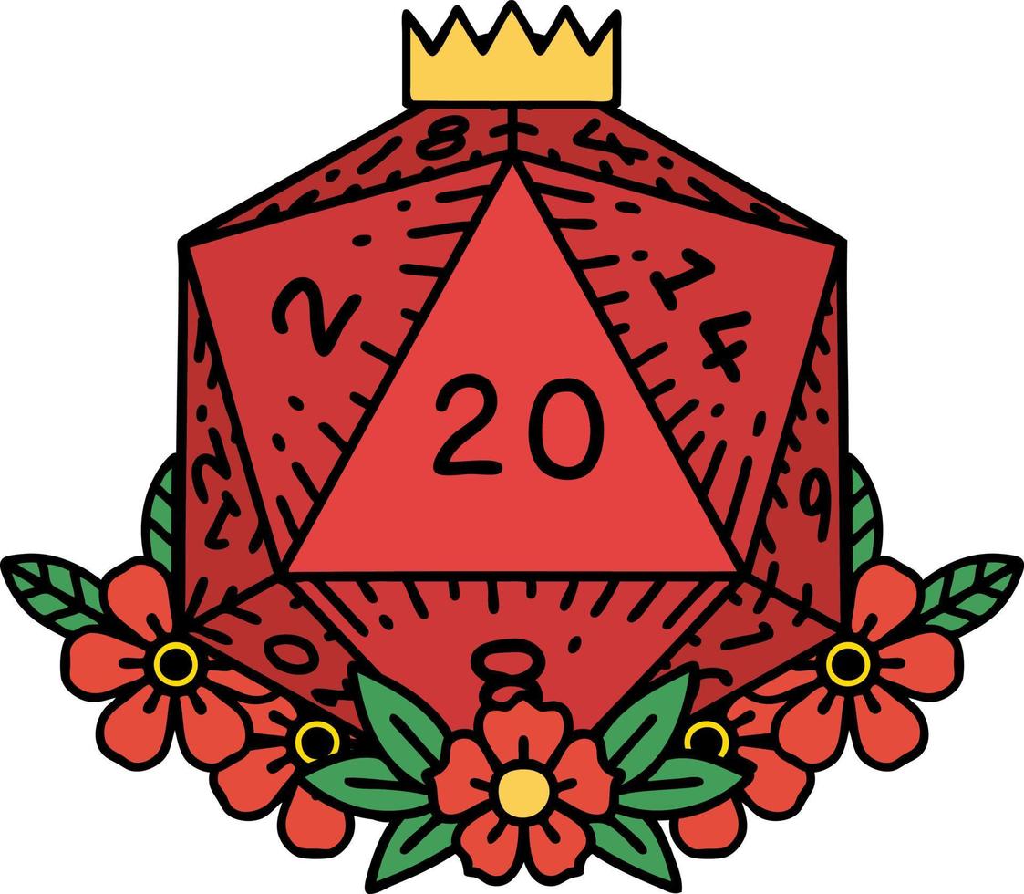 natural 20 D20 dice roll with floral elements illustration vector