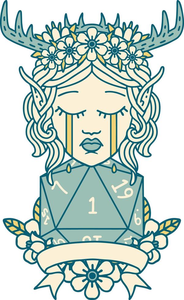 sad elf druid character face with natural one D20 roll illustration vector