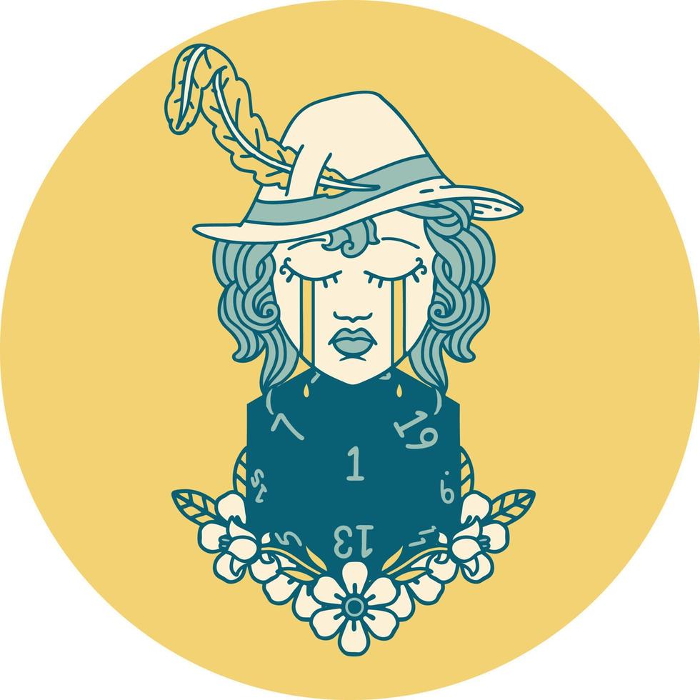 crying human bard with natural one D20 dice roll icon vector