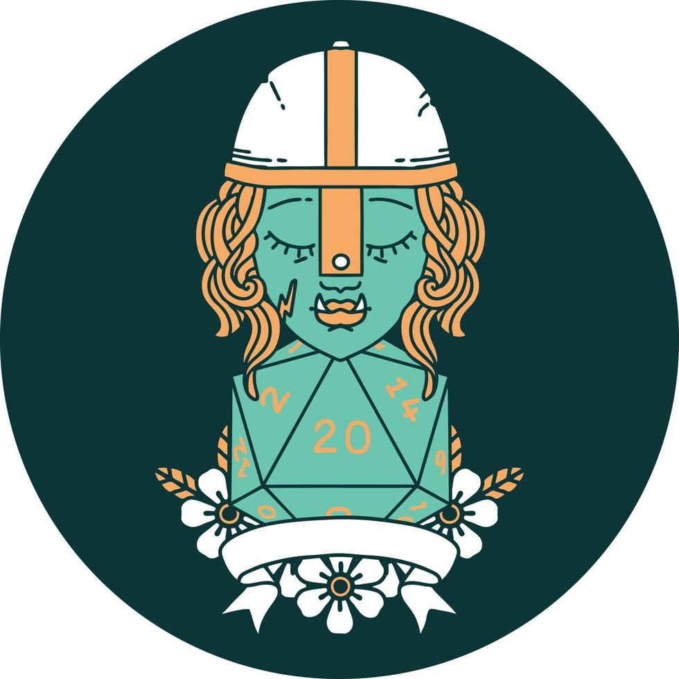 half orc fighter with natural twenty dice roll icon vector