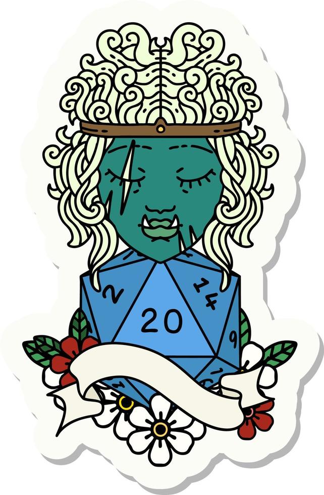 half orc barbarian character with natural twenty dice roll sticker vector