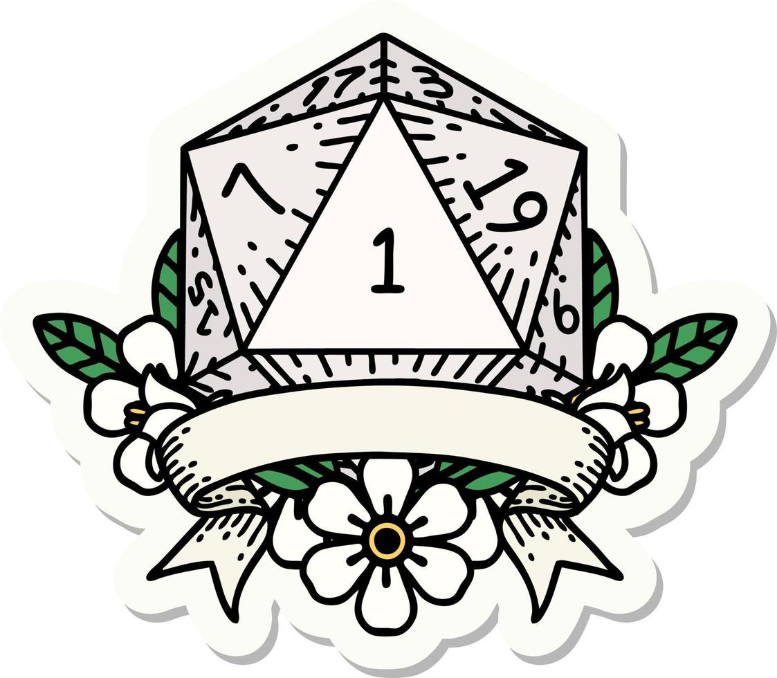 natural one d20 dice roll sticker vector