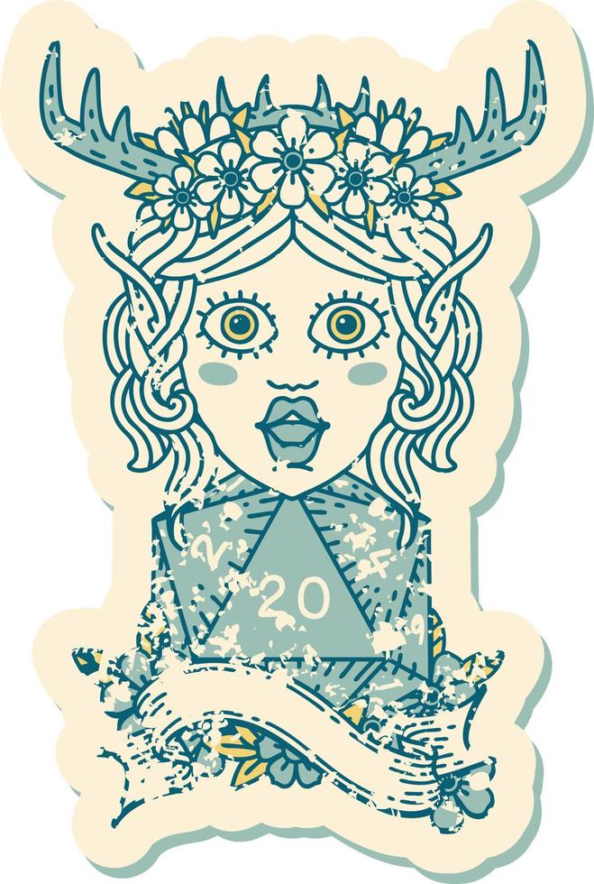 elf druid character with natural twenty dice roll illustration vector