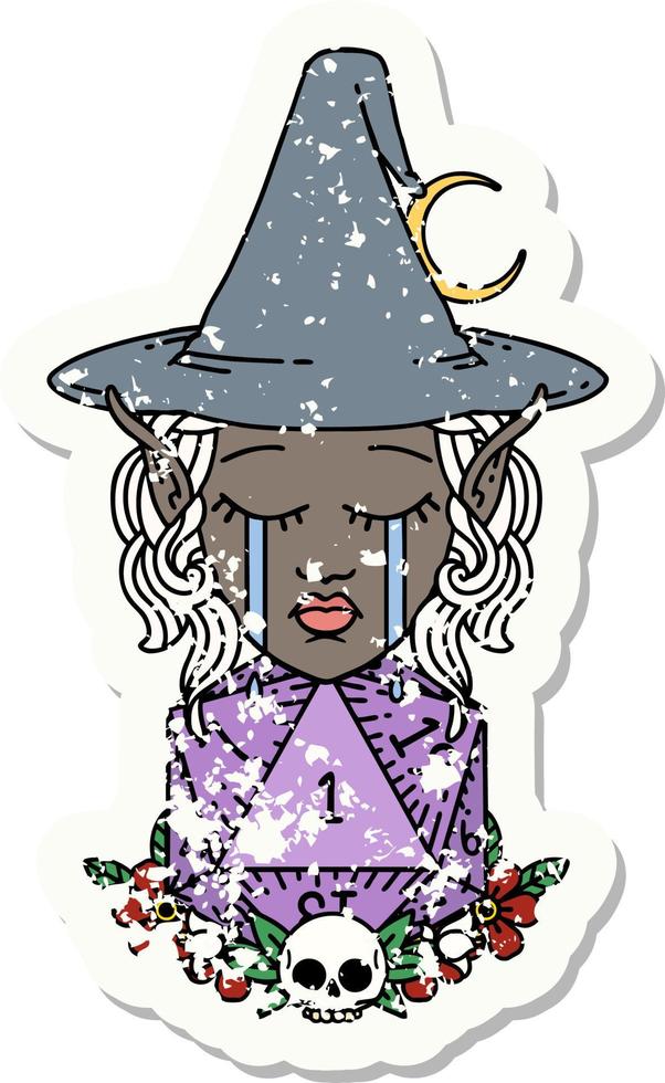 crying elf witch with natural one D20 roll illustration vector