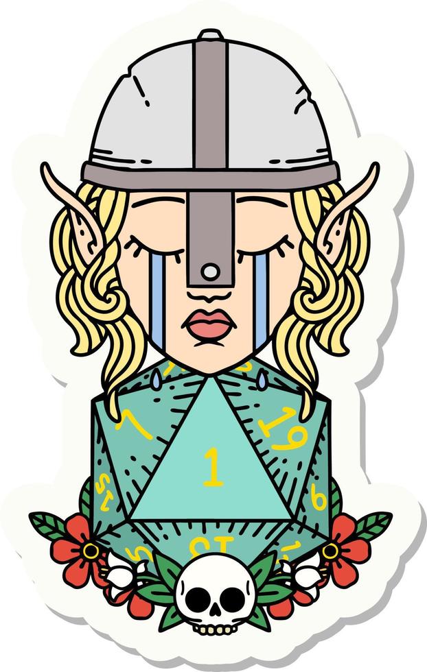 sad elf fighter character with natural one d20 roll sticker vector