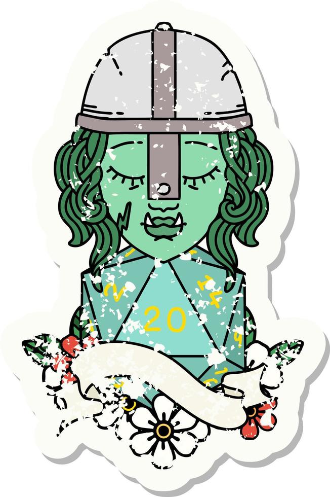 half orc fighter character with natural 20 dice roll grunge sticker vector
