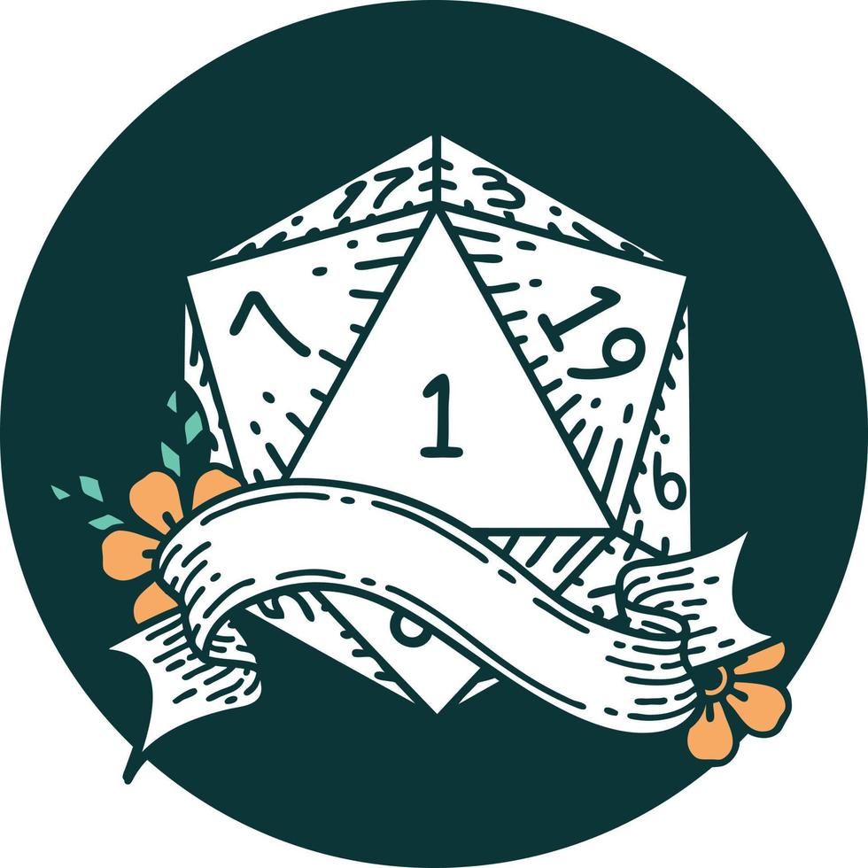natural one d20 dice roll icon vector
