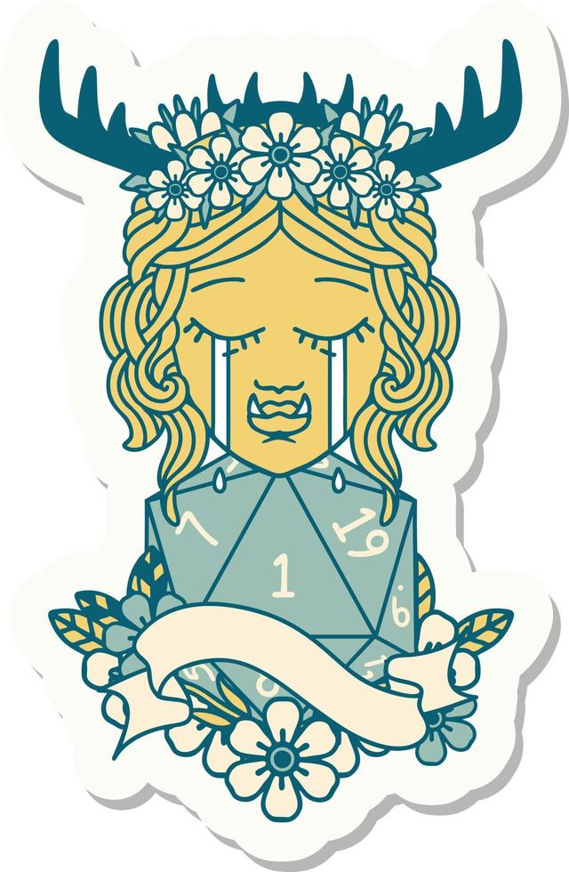 crying orc barbarian character face with natural one D20 roll sticker vector