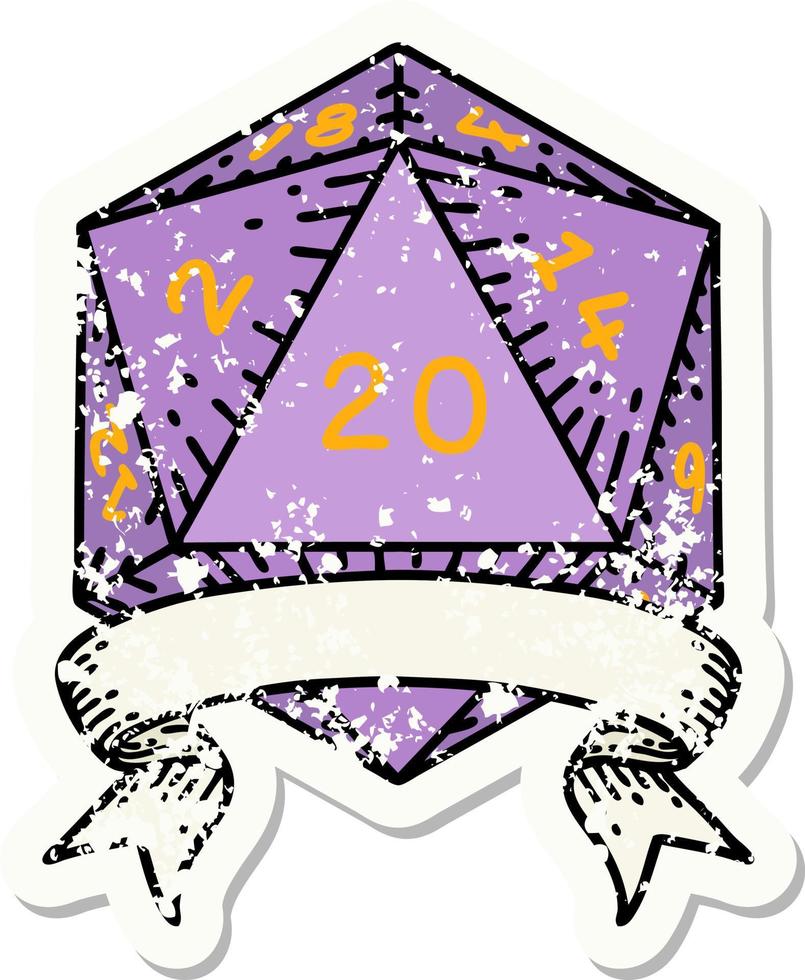 natural 20 critical hit D20 dice roll grunge sticker vector
