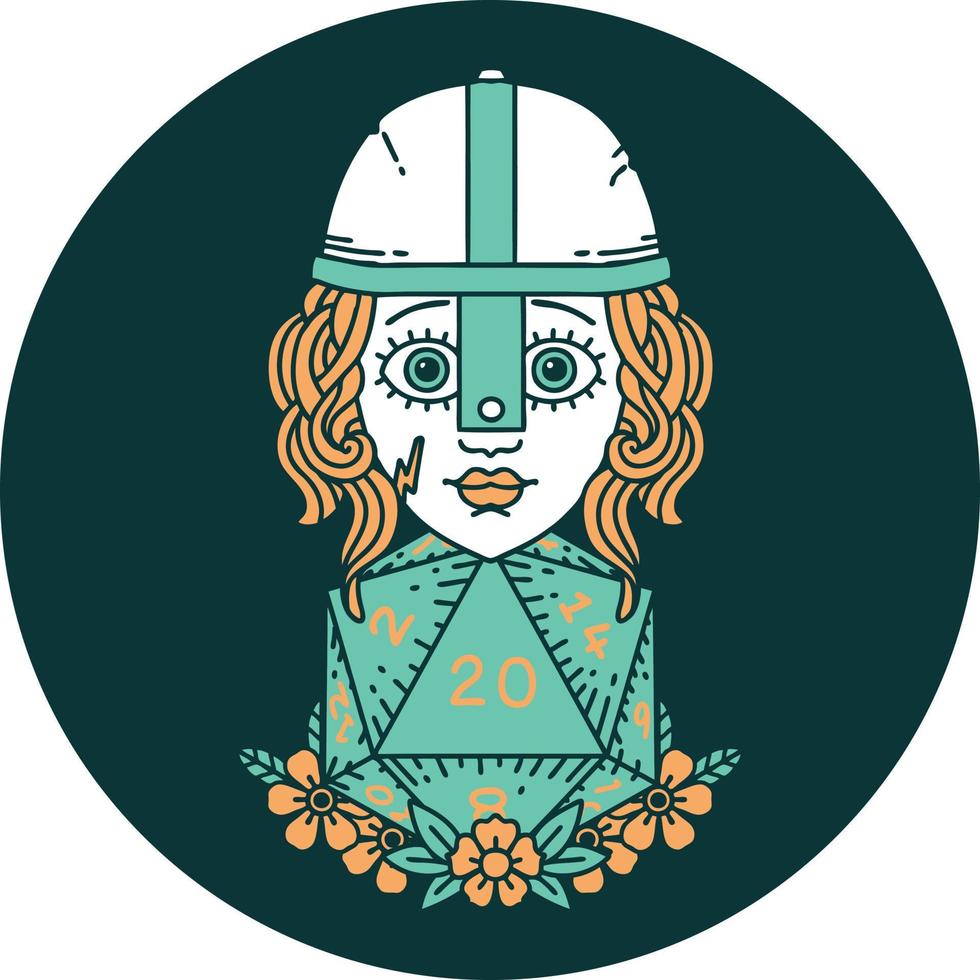 human fighter with natural 20 D20 dice roll icon vector