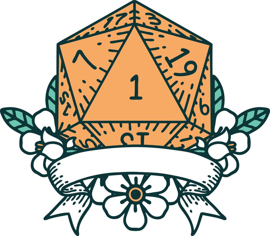 natural one d20 dice roll illustration vector