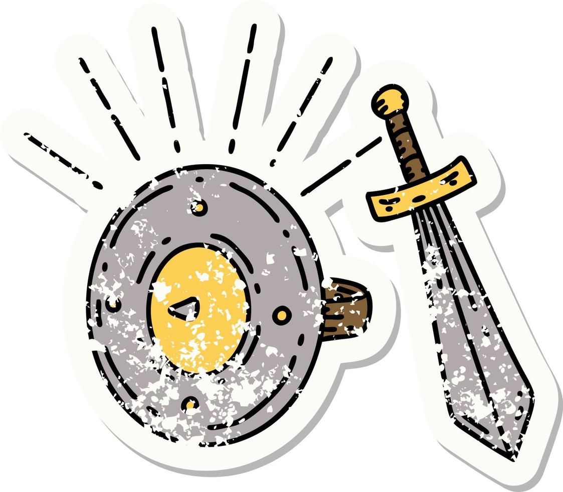 grunge sticker of tattoo style shield and sword vector