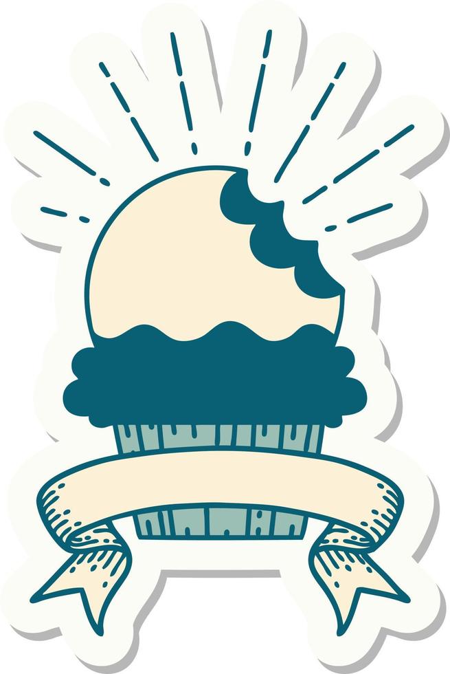 sticker of tattoo style cupcake with missing bite vector