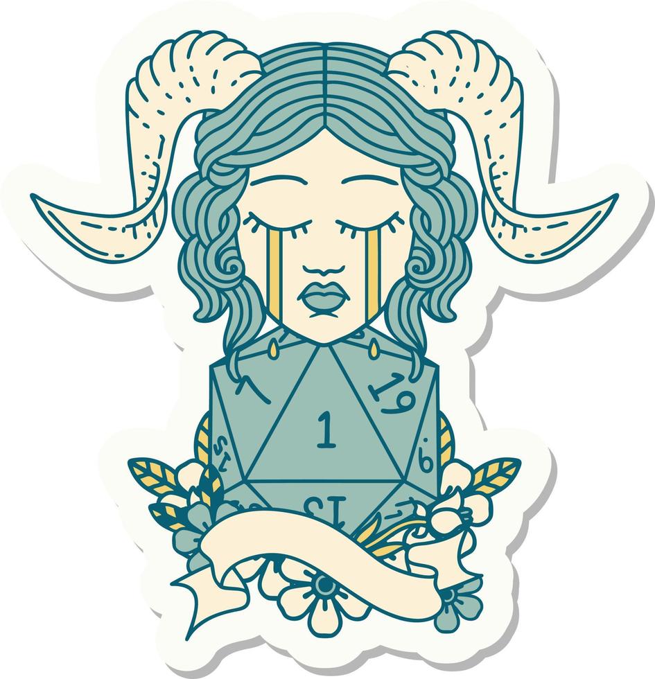 crying tiefling with natural one D20 roll sticker vector