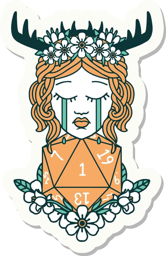 crying human druid with natural one D20 roll sticker vector