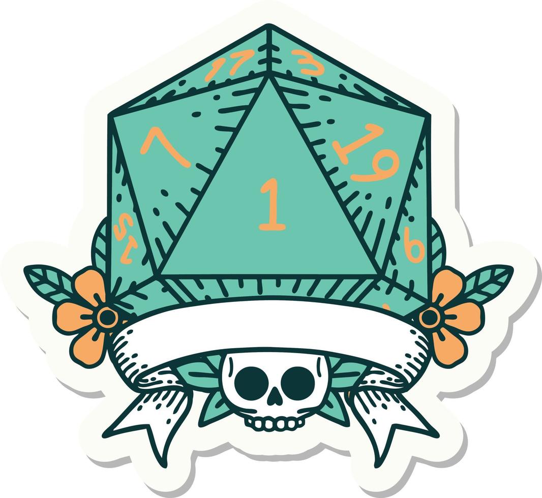 natural one d20 dice roll sticker vector