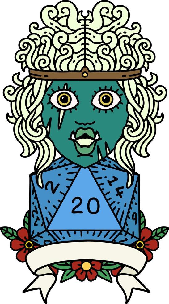 half orc barbarian character with natural 20 dice roll illustration vector