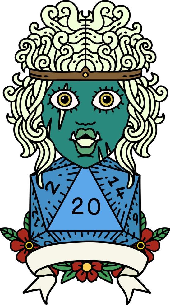 personaje medio orco bárbaro con ilustración natural de 20 dados vector