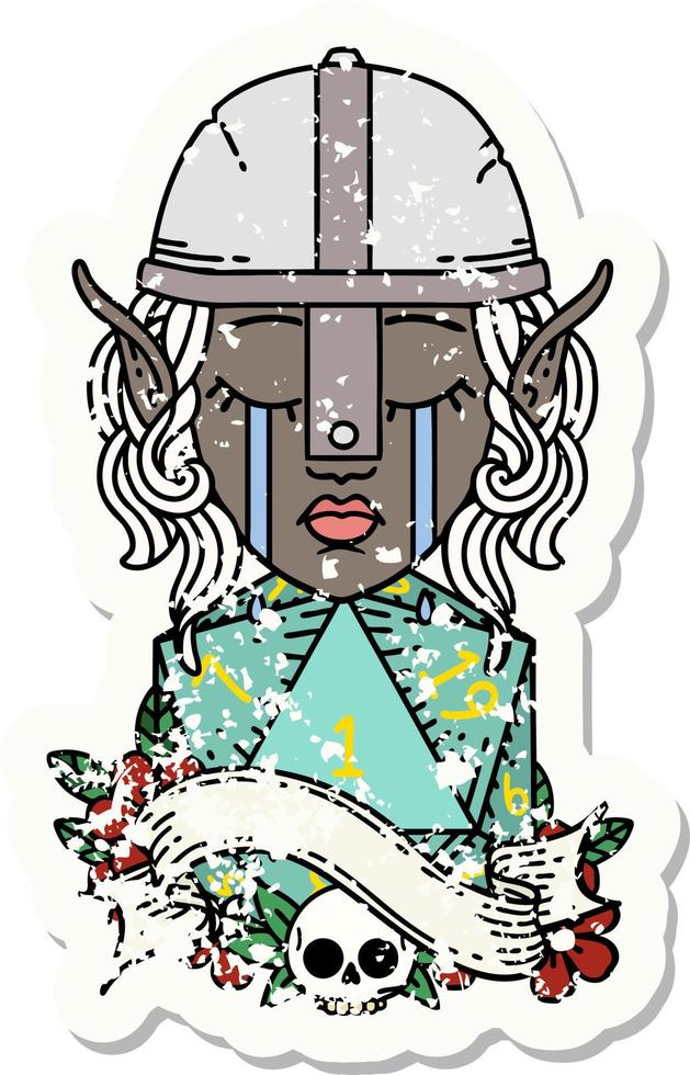 crying elf fighter character face with natural one D20 roll illustration vector