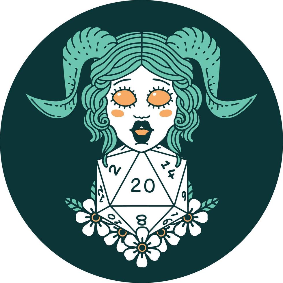 tiefling with natural twenty dice roll icon vector
