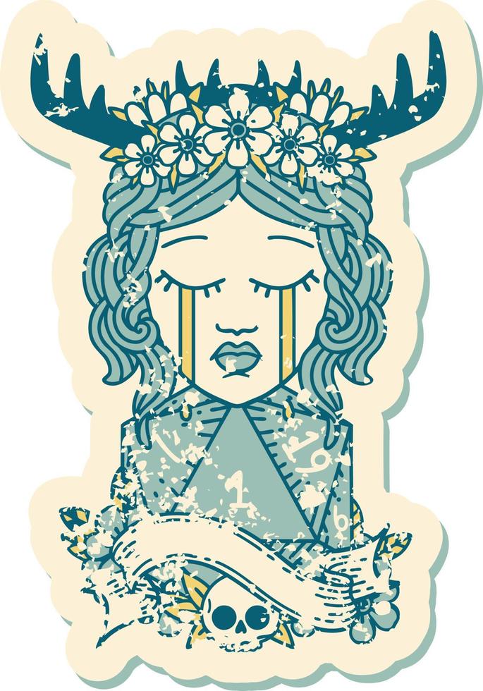 crying human druid with natural one d20 roll illustration vector