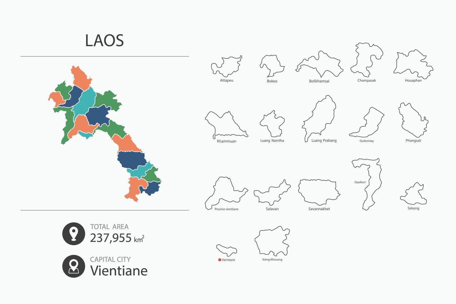 Map of Laos with detailed country map. Map elements of cities, total areas and capital. vector