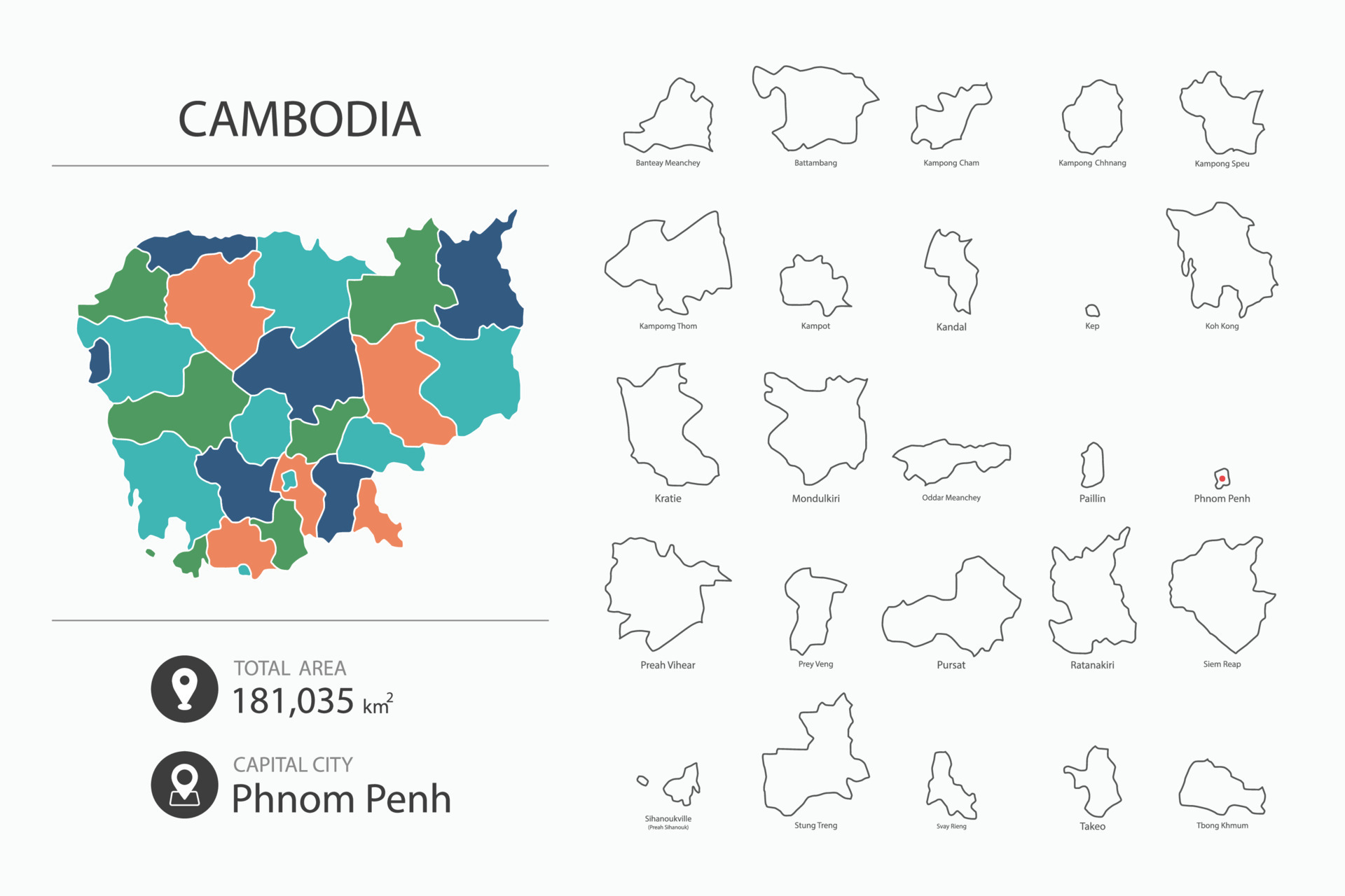 Map of Cambodia with detailed country map. Map elements of cities