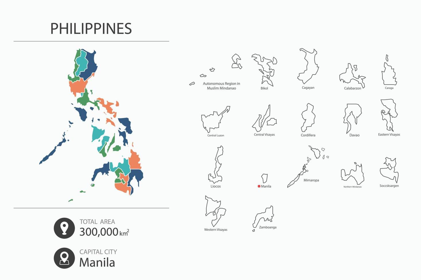 Map of Philippines with detailed country map. Map elements of cities, total areas and capital. vector