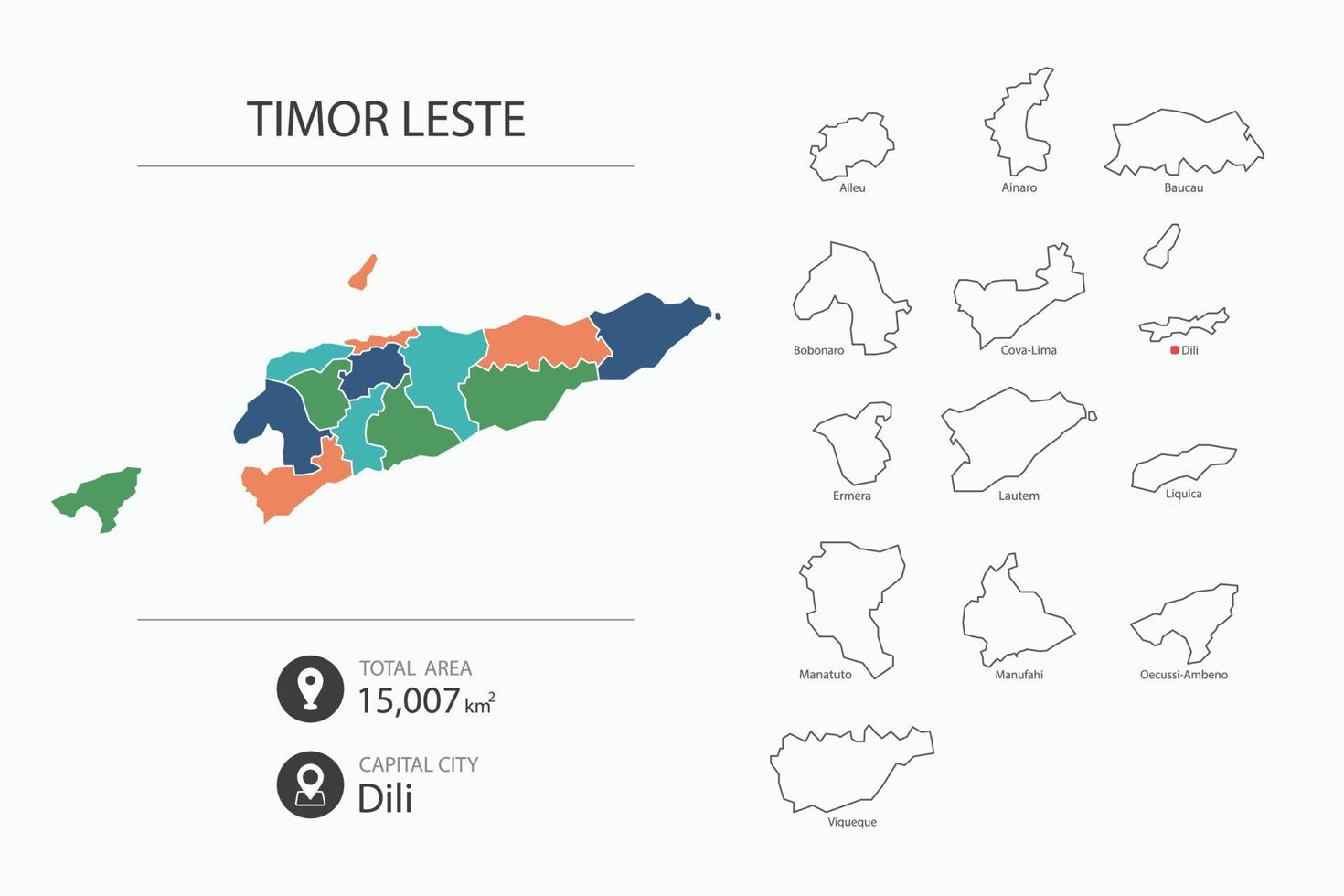 Map of Timor Leste with detailed country map. Map elements of cities, total areas and capital. vector