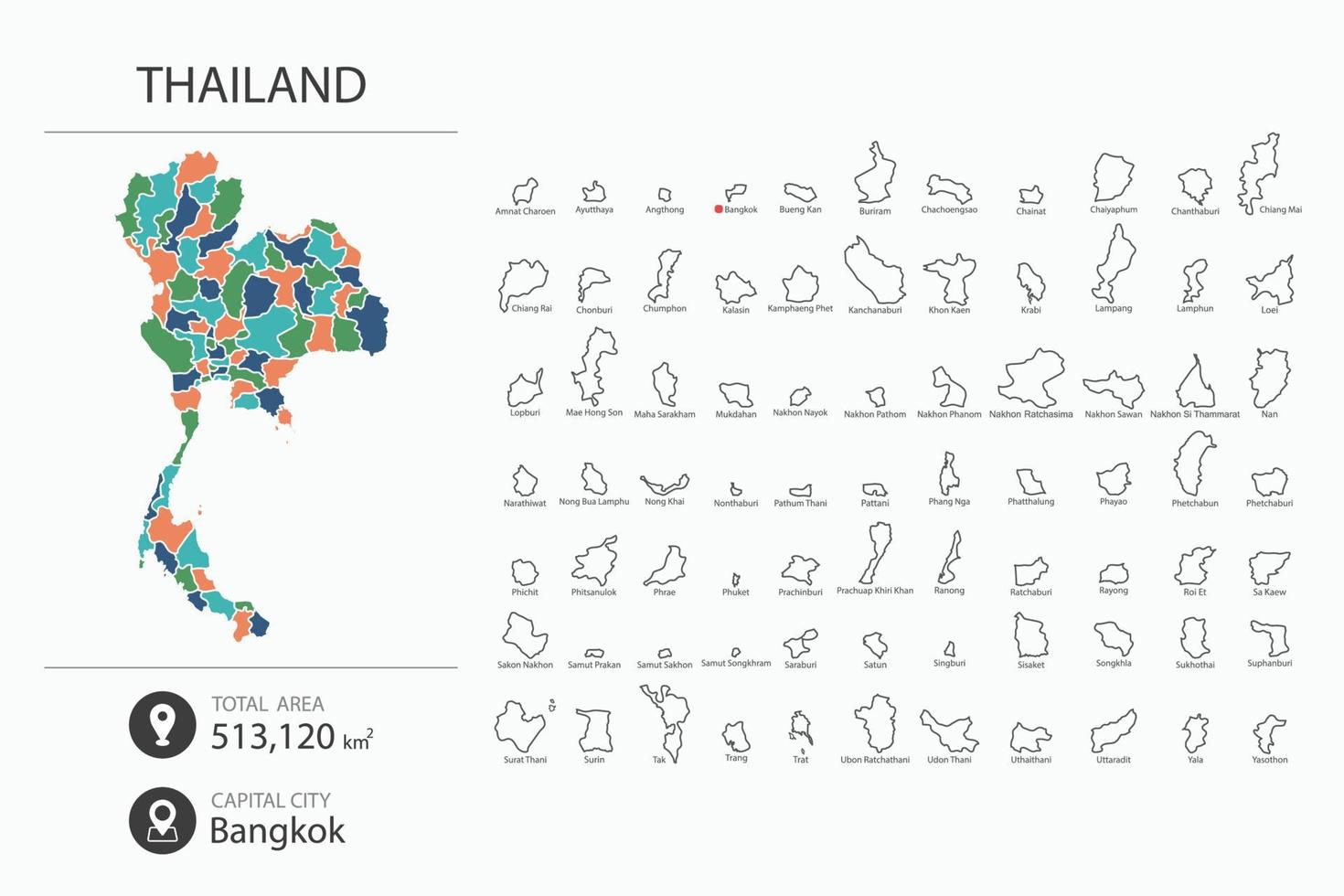 mapa de tailandia con un mapa detallado del país. elementos del mapa de ciudades, áreas totales y capital. vector