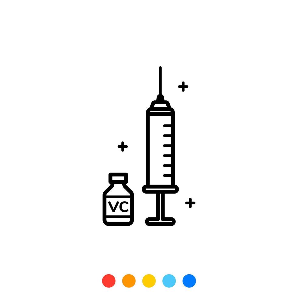 una jeringa y un vial que contienen un elemento, icono, vector e ilustración de diseño plano de vacuna.