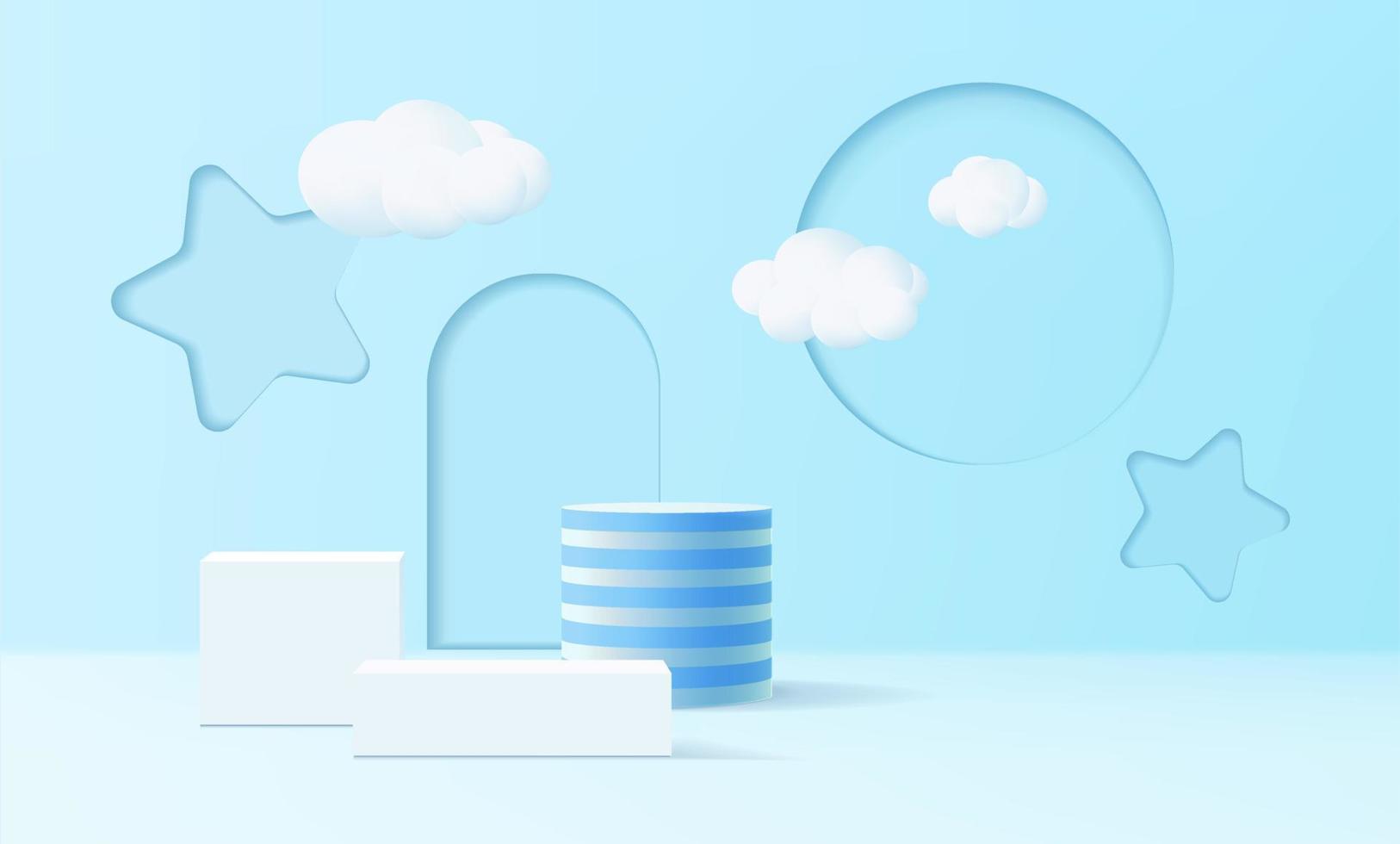 3d podium on blue background abstract geometric shapes with clouds, modern minimalist mock up for kids product display, podium display or showcase vector