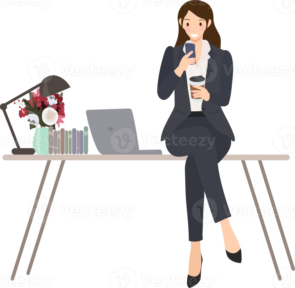 working woman checking her mobile on table in office png