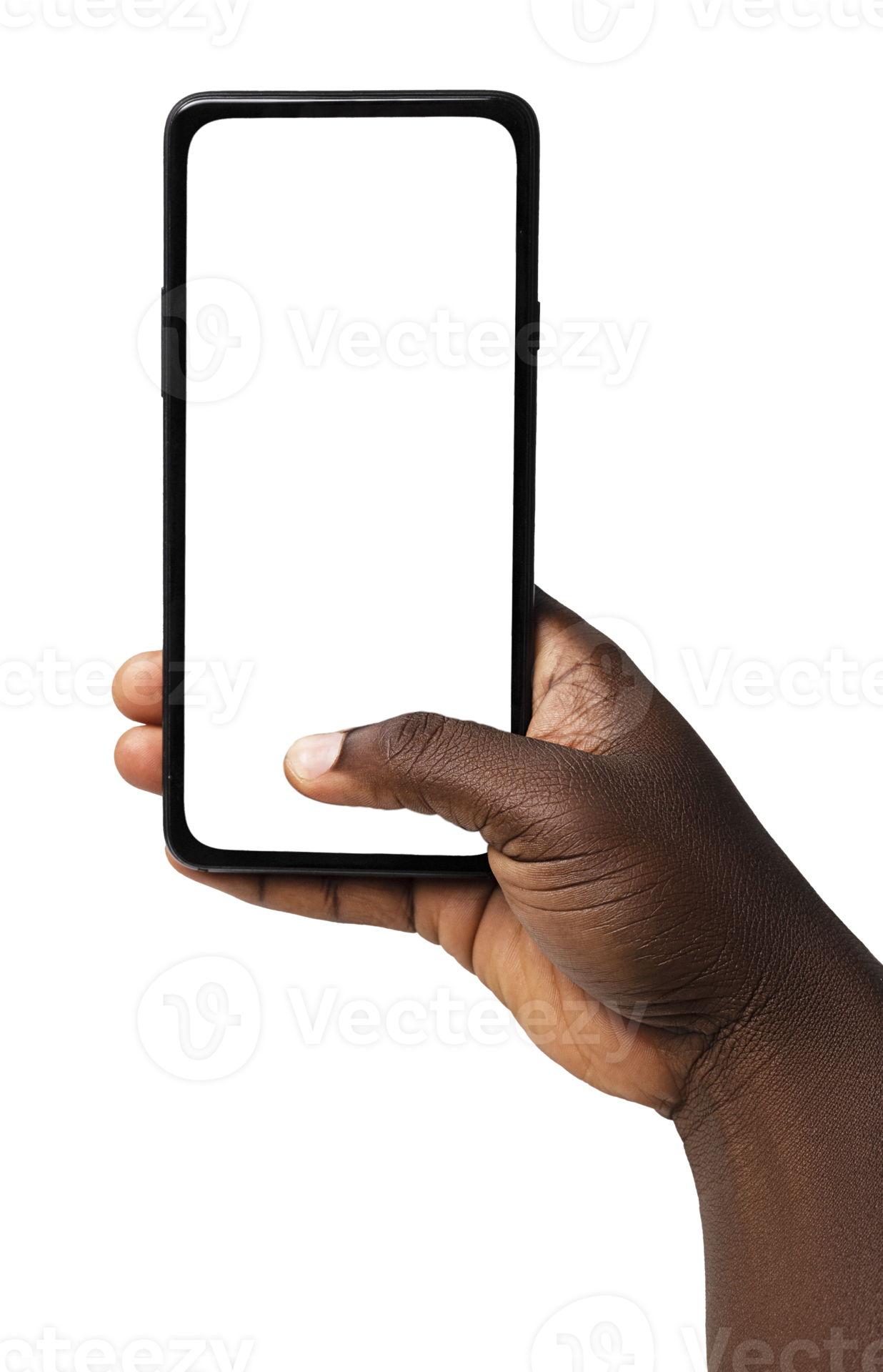 Black hand holding phone facing camera isolated on transparent