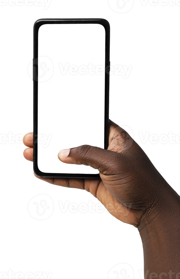 Schwarze Hand, die die Kamera mit Blick auf das Telefon hält, isoliert auf transparentem Hintergrund. leerer bildschirm, telefonbildschirmmodell, vorderansicht, schneidepfad, schneidemaske png