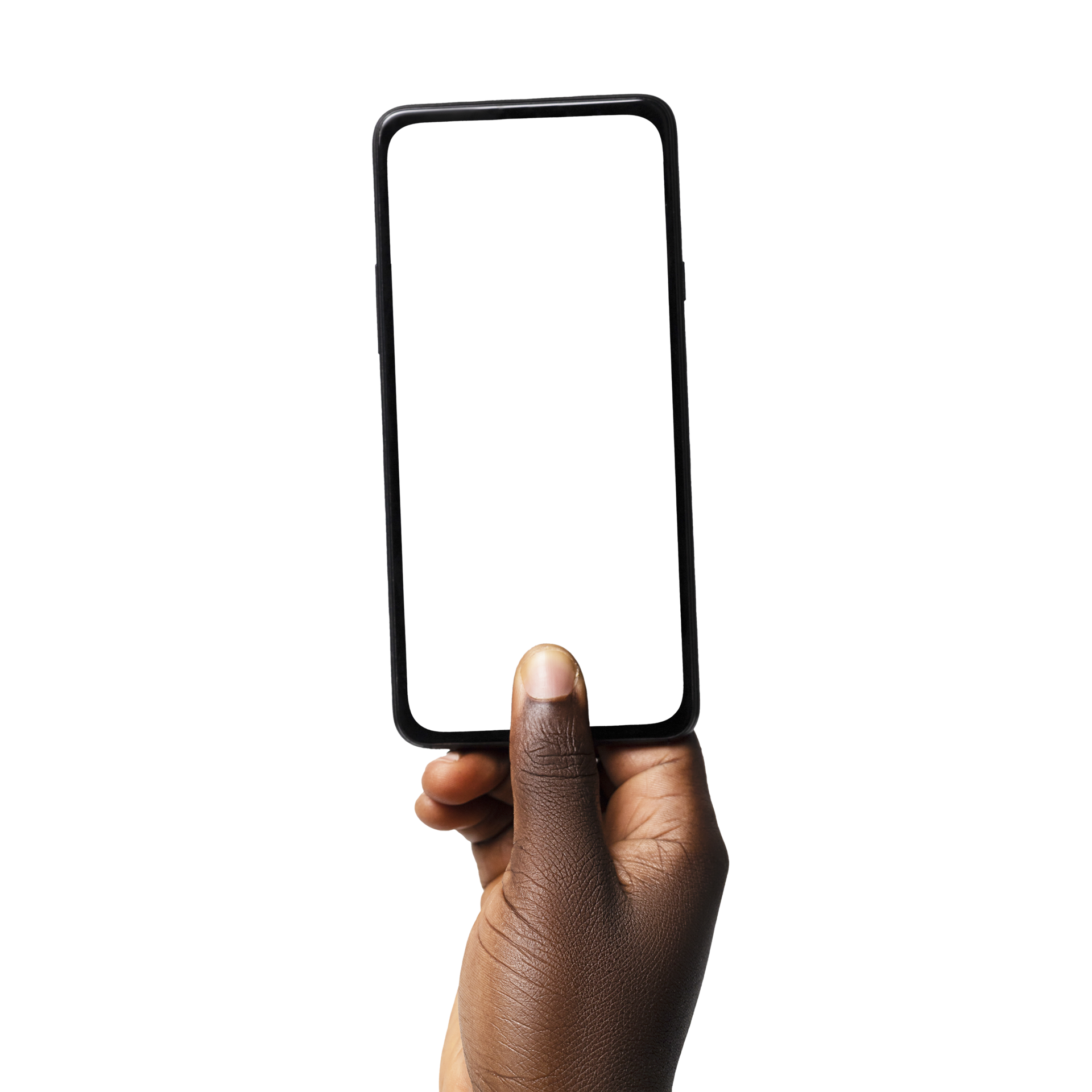 Black hand holding phone facing camera isolated on transparent