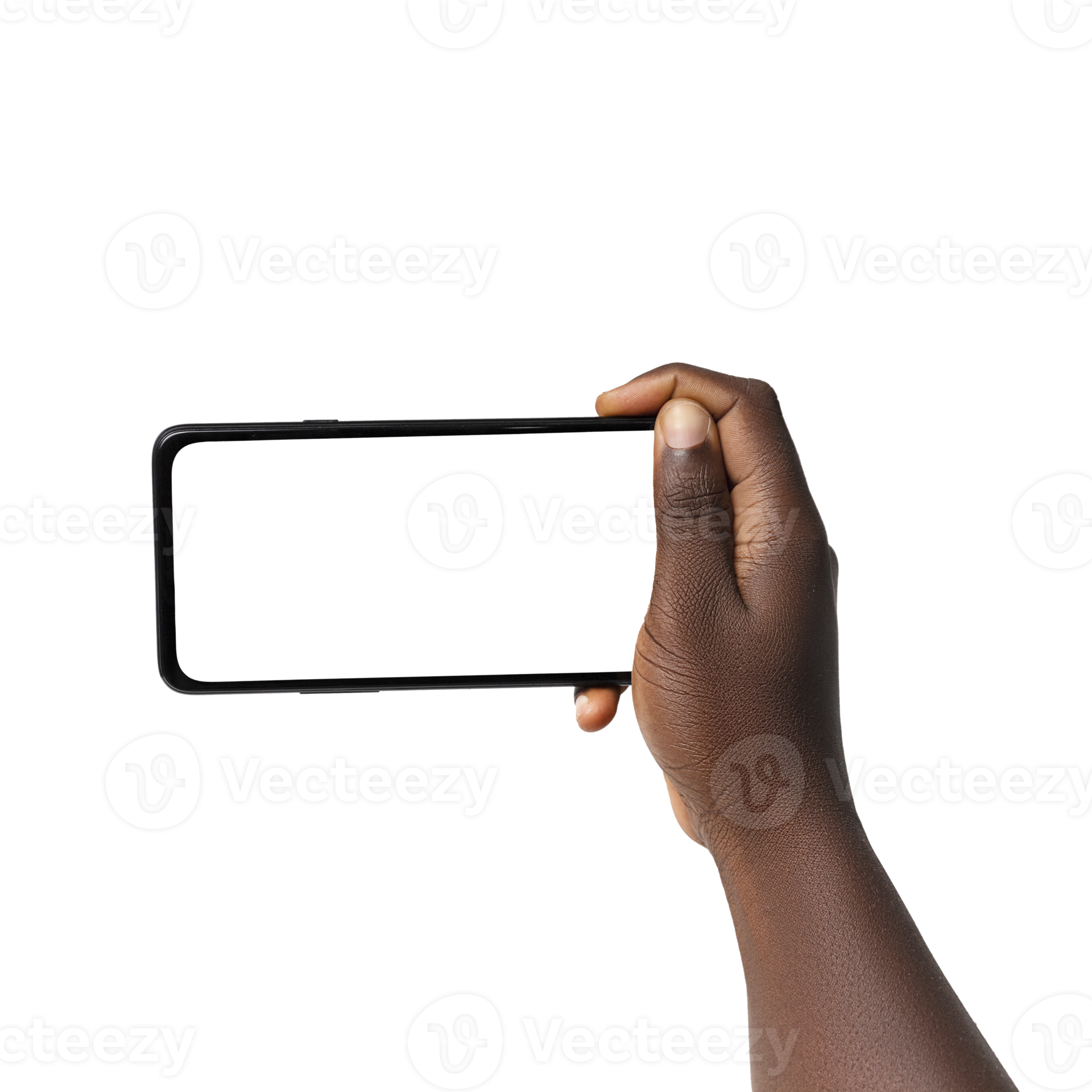 Black hand holding phone facing camera isolated on transparent background. blank screen, phone