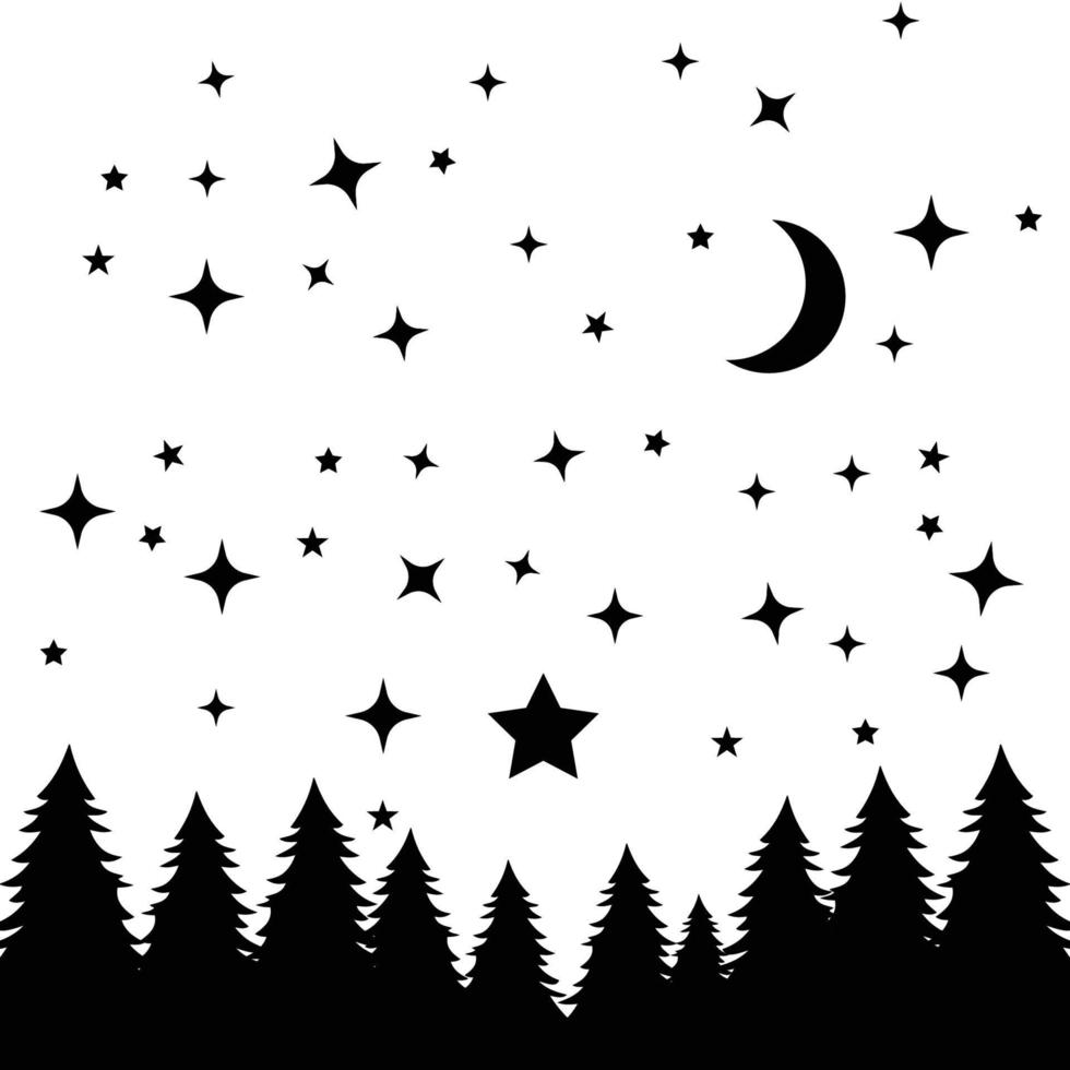 Starry night sky silhouette with stars, moon, and pine trees vector