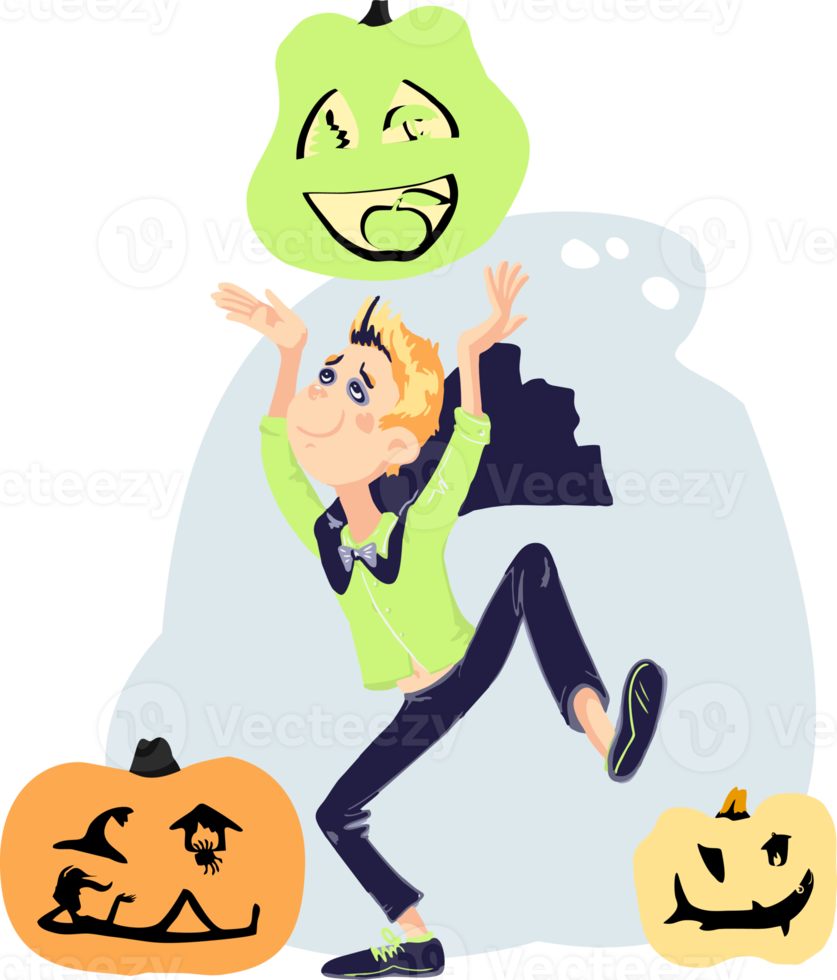 Cheerful cartoon teenager celebrating Halloween, holding a pumpkin over his head, dancing. png