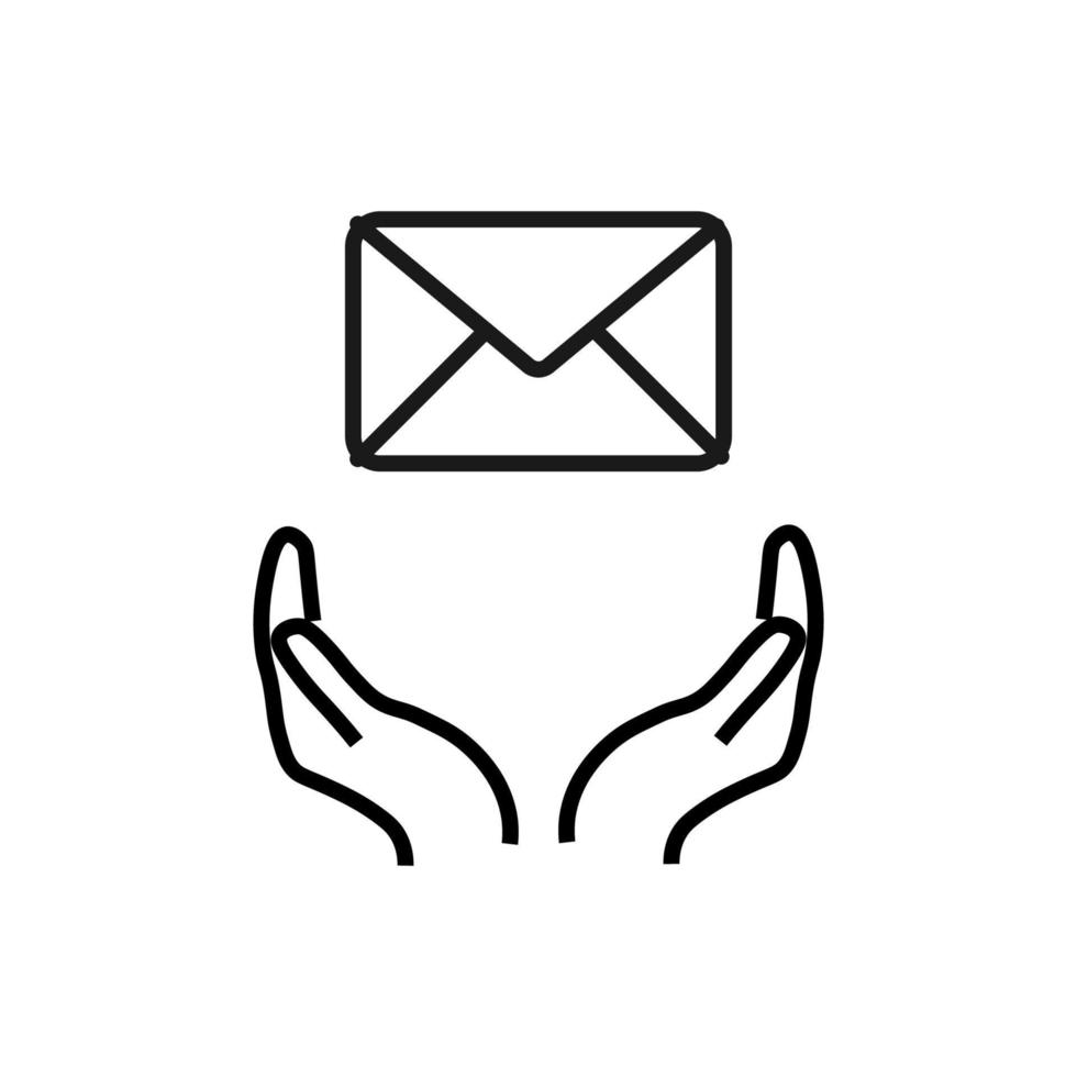 Support, present and charity concept. Modern vector sign drawn with black thin line. Editable stroke. Vector line icon of envelope over outstretched hands