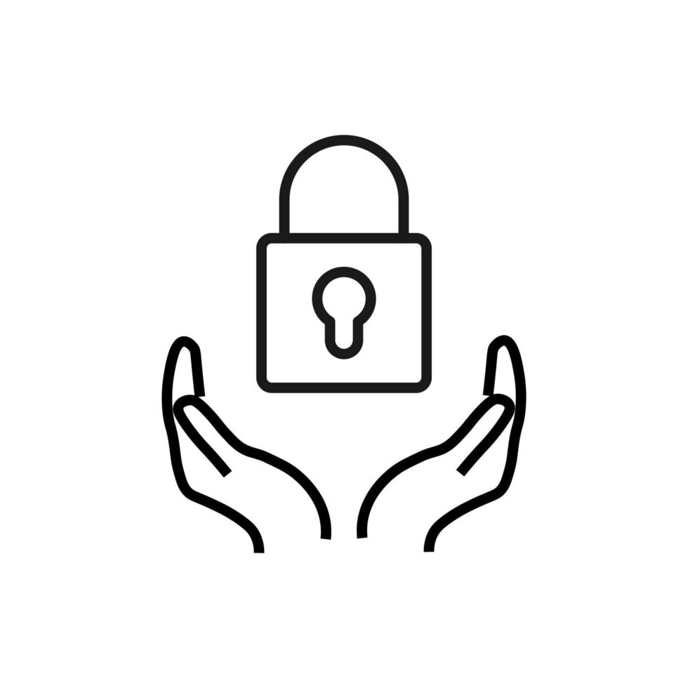 Support, present and charity concept. Modern vector sign drawn with black thin line. Editable stroke. Vector line icon of lock with keyhole over outstretched hands