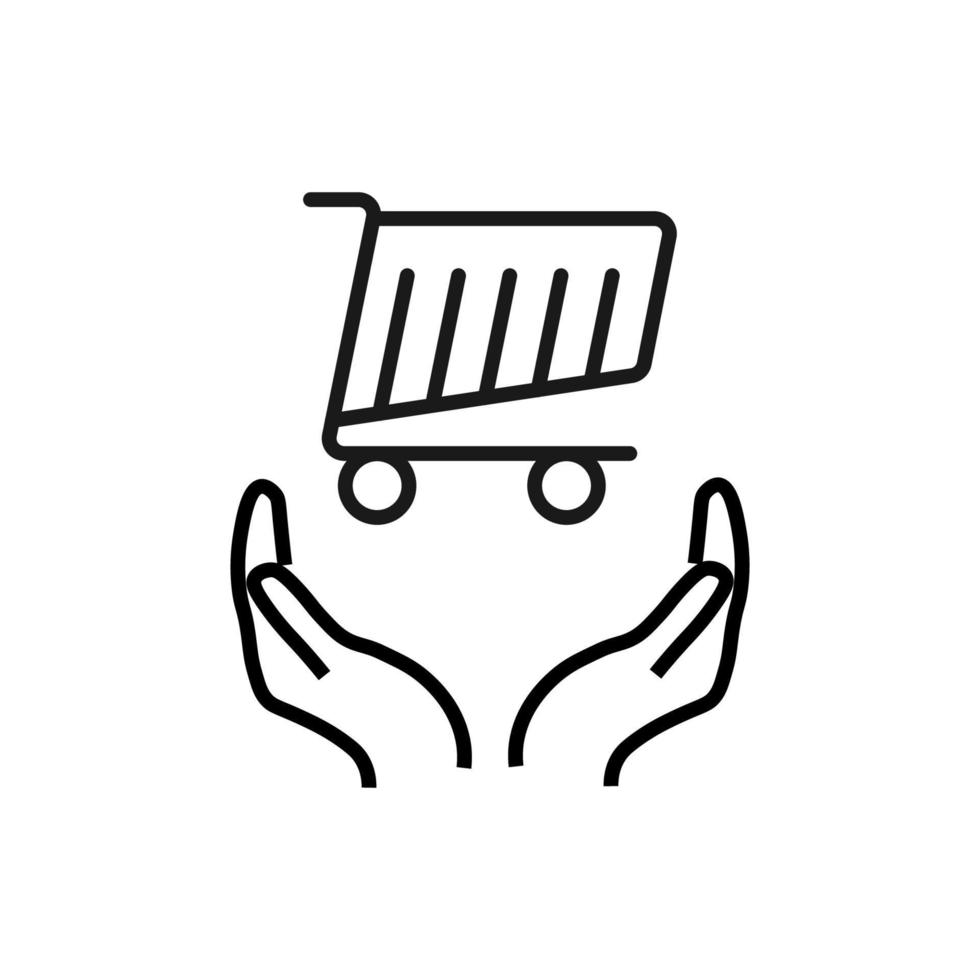 Support, present and charity concept. Modern vector sign drawn with black thin line. Editable stroke. Vector line icon of shopping cart over outstretched hands