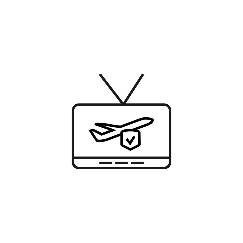 Television, tv set, tv show concept. Vector sign drawn in flat style. Suitable for sites, articles, books, apps. Editable stroke. Line icon of travel insurance on tv screen