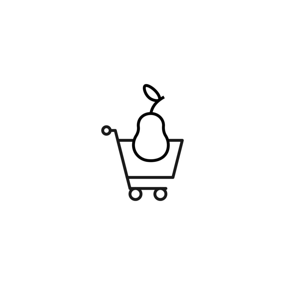 Selling, purchase, shopping concept. Vector sign suitable for web sites, stores, shops, articles, books. Editable stroke. Line icon of pear in shopping cart