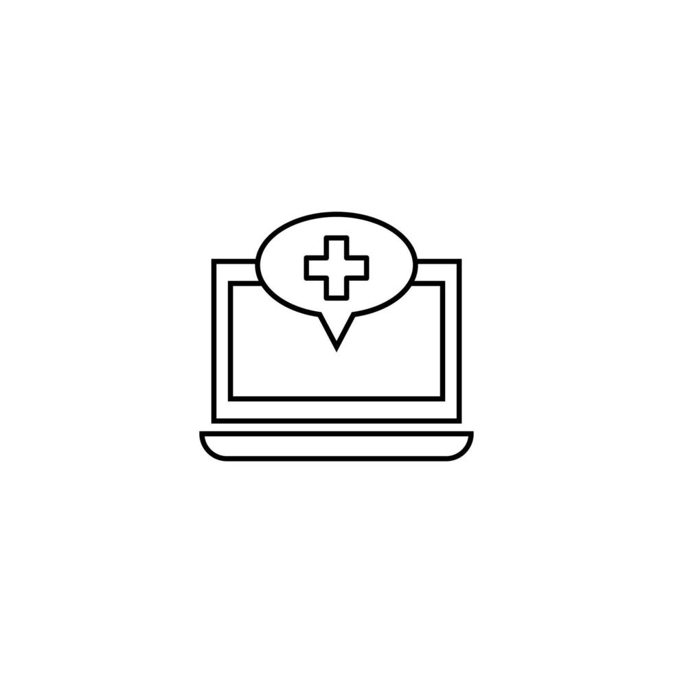 Computer, internet and communication concept. Modern monochrome sign in flat style. Suitable for web sites, stores, books etc. Line icon of medical cross inside of speech bubble on laptop monitor vector